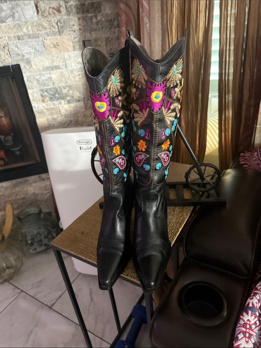 Vintage Two Lips Black Leather Knee-High Boots with Bright Floral Embroidery